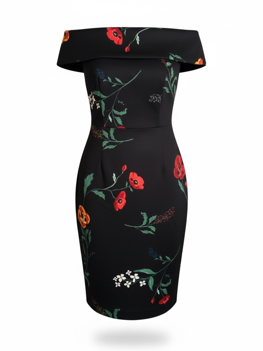 Calvin Klein Black Poppy Floral Off the Shoulder scuba Sheath Dress Size 10